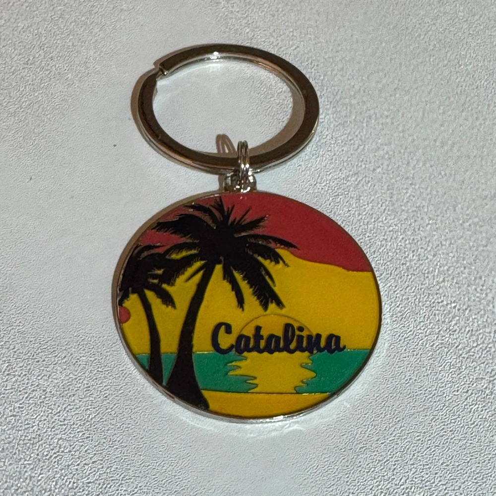 Catalina Florida‎ Souvenir Round Keychain Tropical Palm Tree Sunset Design